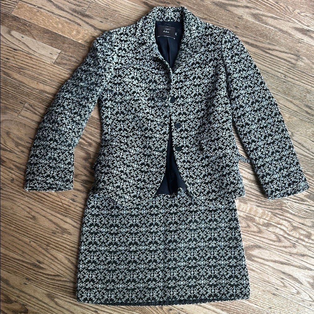 Kulson Italian Skirt Suit Geometric Tweed Blazer Set Black White 2 EUC